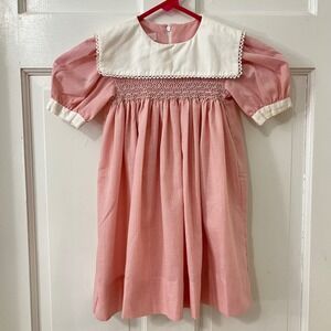 Ramekins Smocked Gingham Dress Sz 2  Pink Cotton Vintage Peter Pan Collar Lace
